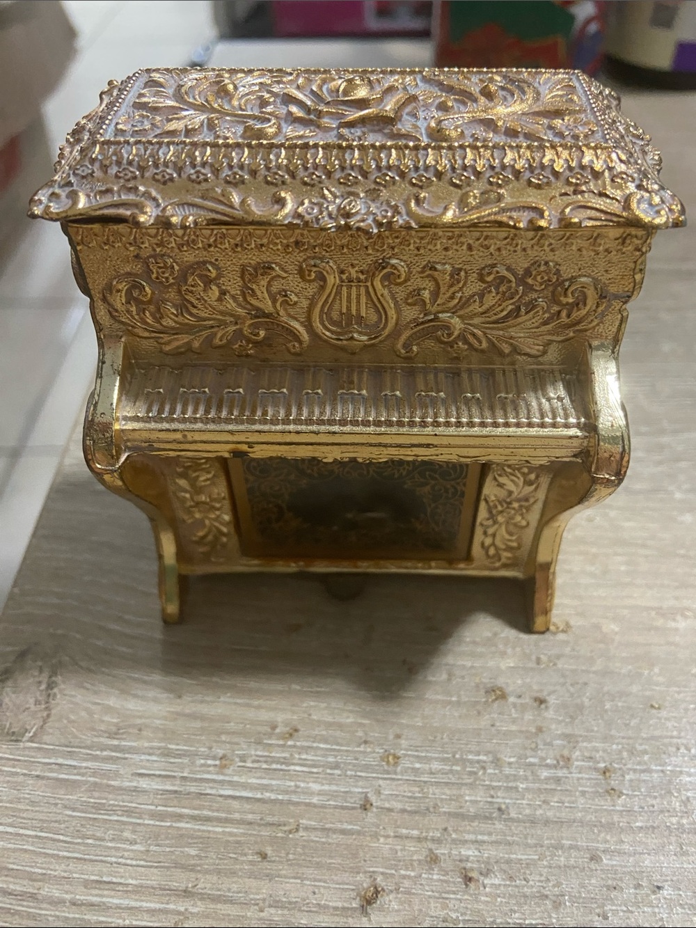 Vintage Gold Toned Upright Piano Music Trinket Jewelry Box Japan